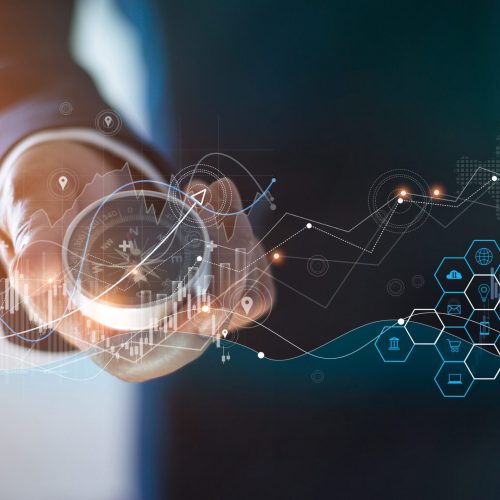 Abstract, Businessman holding compass of navigate on global economic crisis to resume business growth, Rethink, Reinvent and Recover. on graph growth background.