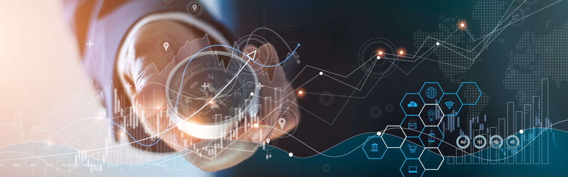 Abstract, Businessman holding compass of navigate on global economic crisis to resume business growth, Rethink, Reinvent and Recover. on graph growth background.